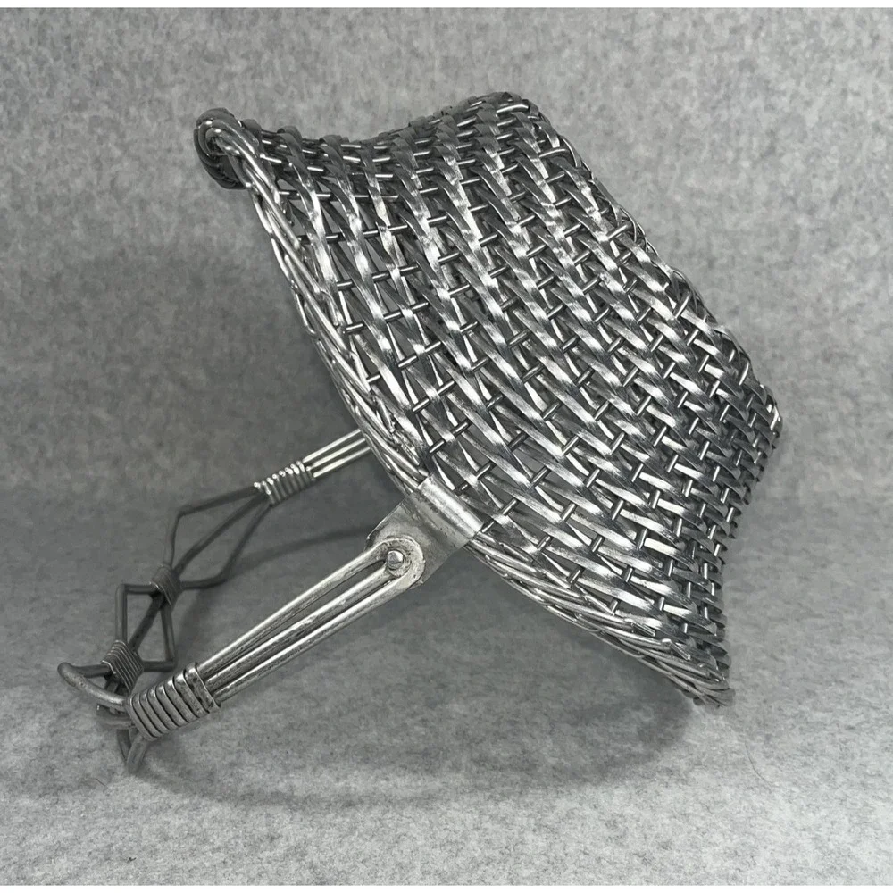 VTG‎ Silver Tone Metal Woven Wire Basket With Fold Down Handle Decor Centerpiece